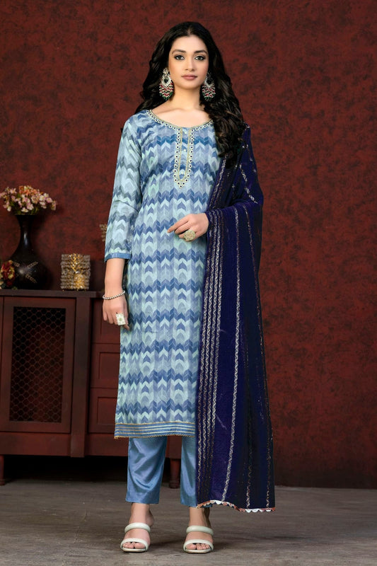 Blue Colour Unstitched Modal Cotton Pant Style Suit US1161374