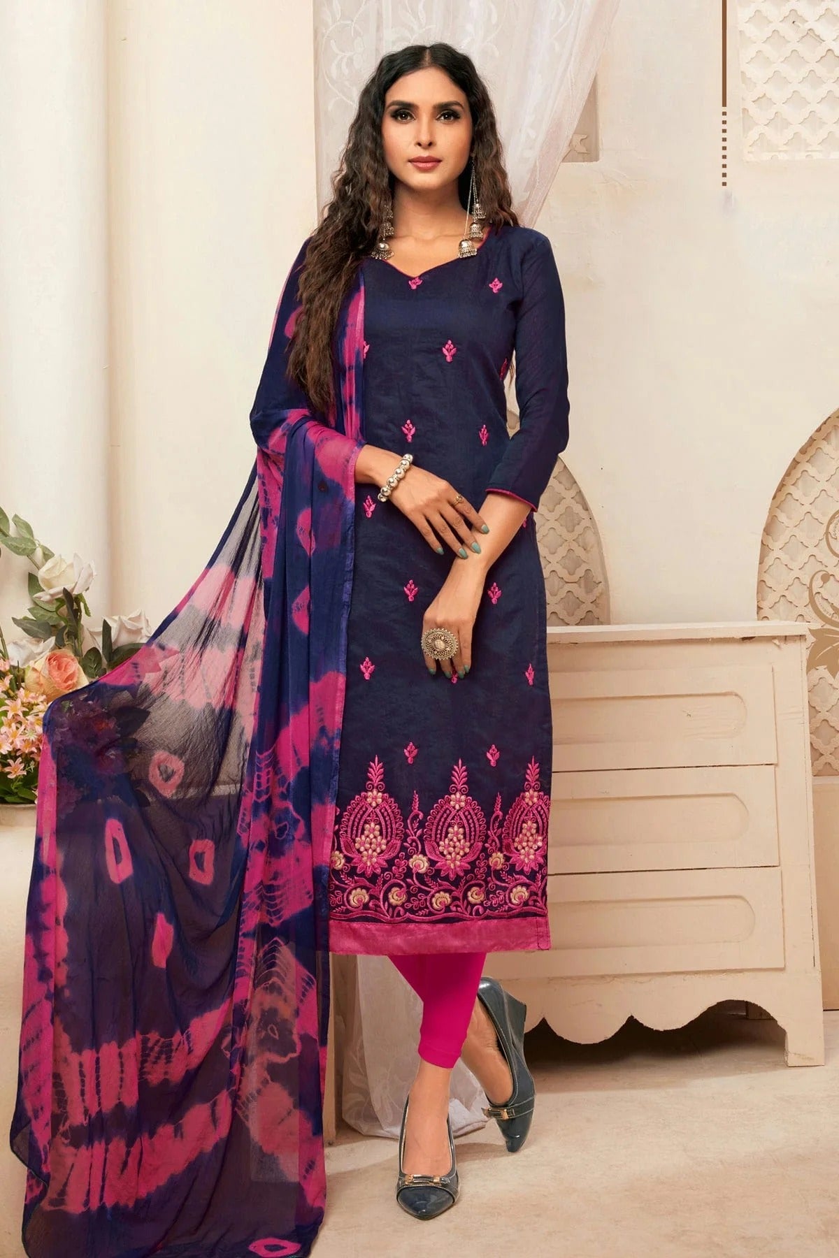 Blue Colour Unstitched Modal Silk Straight Suit US1161135