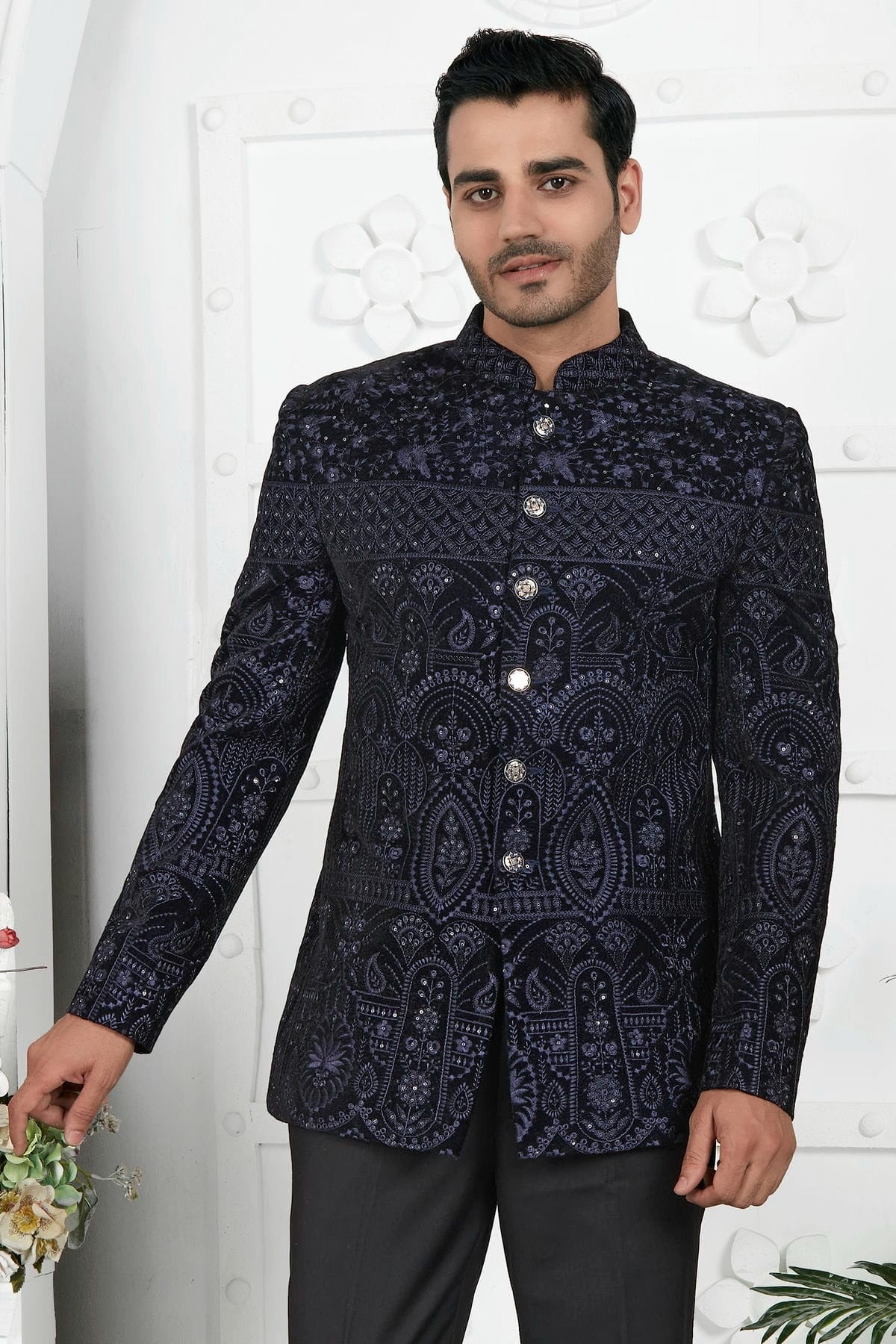 Blue Colour Velvet Jodhpuri Jacket JP1230113 A