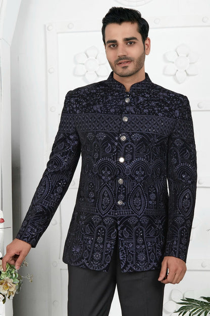 Blue Colour Velvet Jodhpuri Jacket JP1230113 A