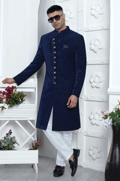 Blue Colour Velvet Silk Indowestern Sherwani With Aligadhi Pant SH1230027 A