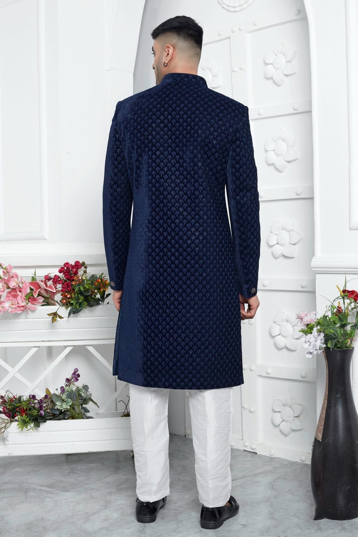 Blue Colour Velvet Silk Indowestern Sherwani With Aligadhi Pant SH1230027 B