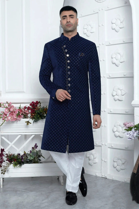 Blue Colour Velvet Silk Indowestern Sherwani With Aligadhi Pant SH1230027