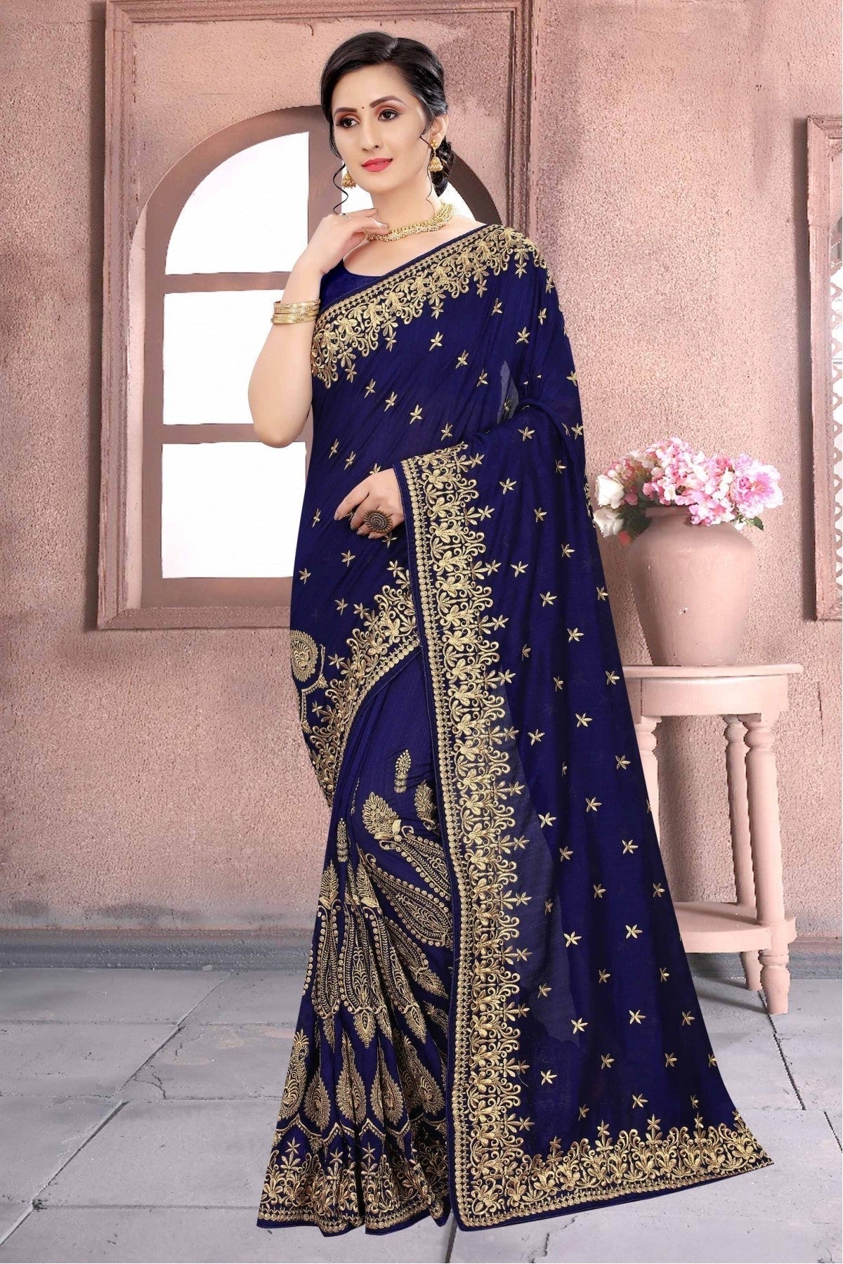 Blue Colour Vichitra Silk Embroidery Saree SD1120162