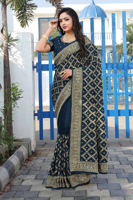 Blue Colour Vichitra Silk Embroidery Saree SD1120868