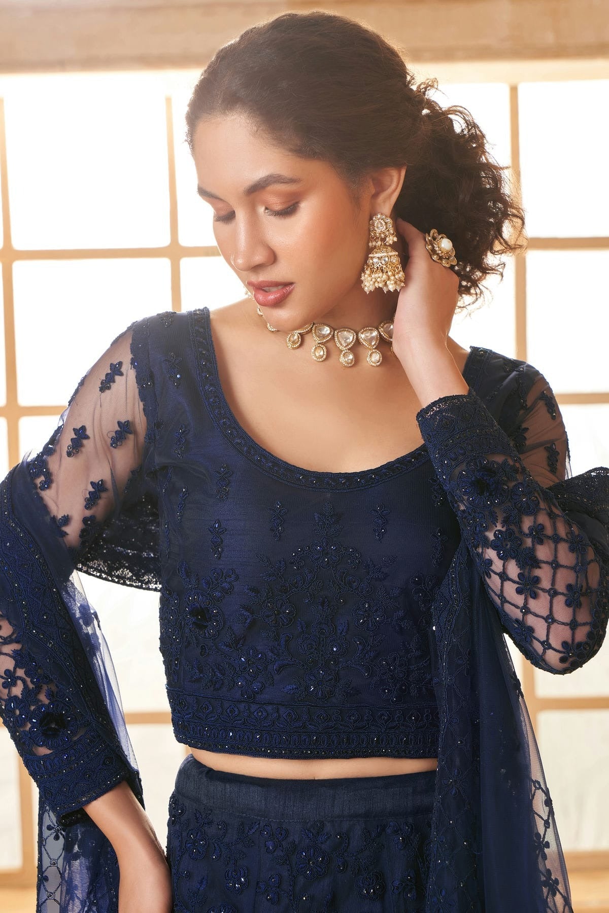 Blue Embroidery Net and SilK Lehenga Choli LC1290151 A