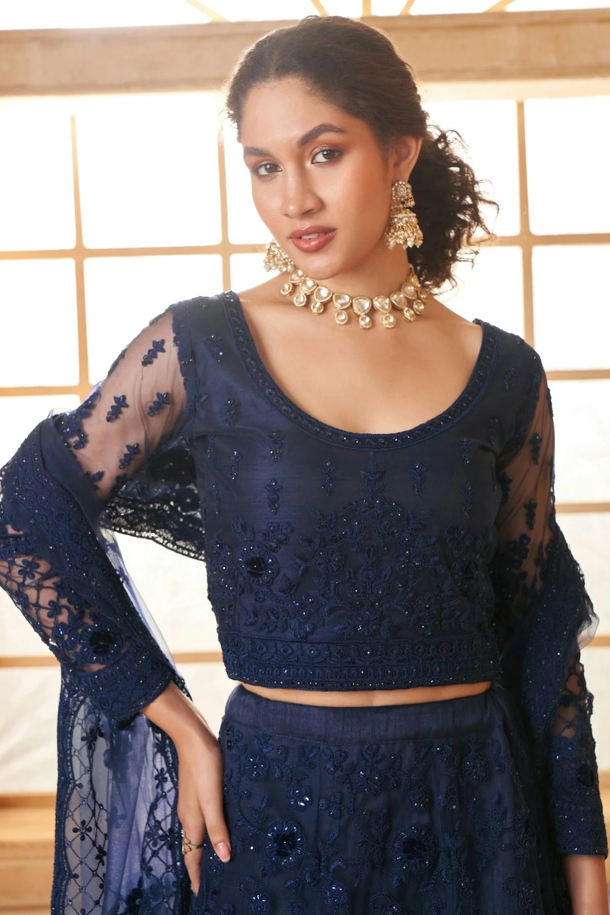 Blue Embroidery Net and SilK Lehenga Choli LC1290151 B