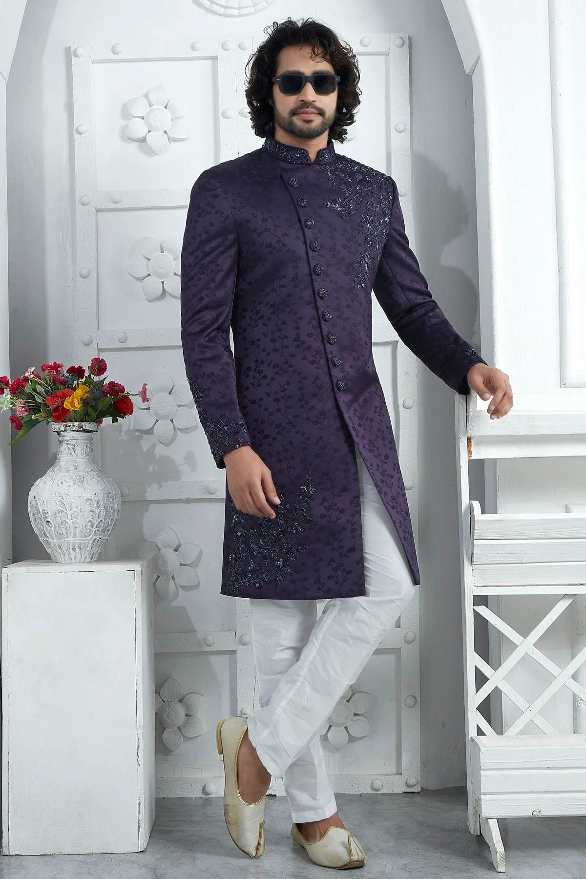 Blue Purple Colour Art Silk Sherwani With Aligadhi Pant SH1230084 A