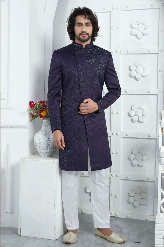 Blue Purple Colour Art Silk Sherwani With Aligadhi Pant SH1230084