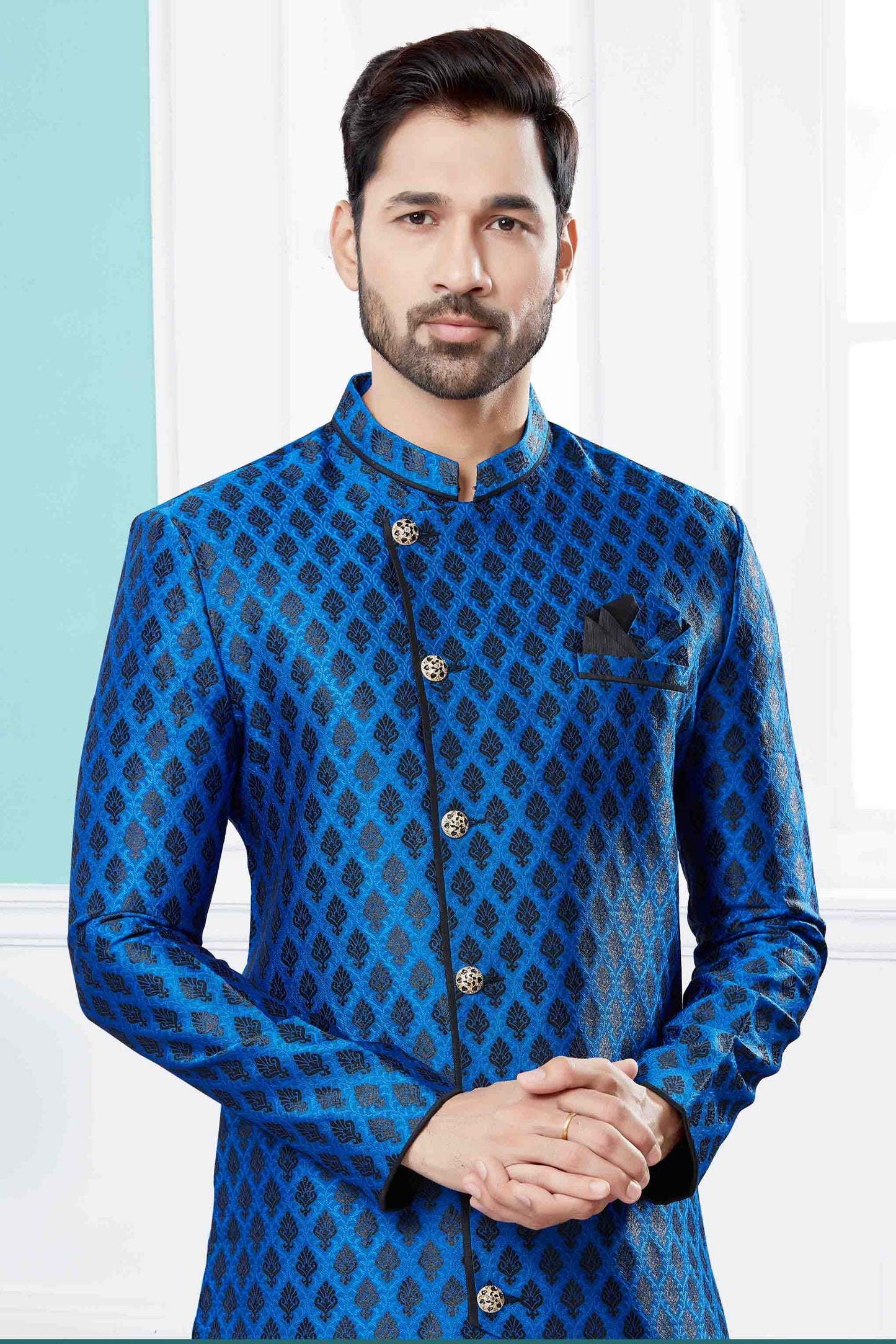 Blue and Black Colour Indo Western In Banarasi Jacquard Fabric SH1040437 A