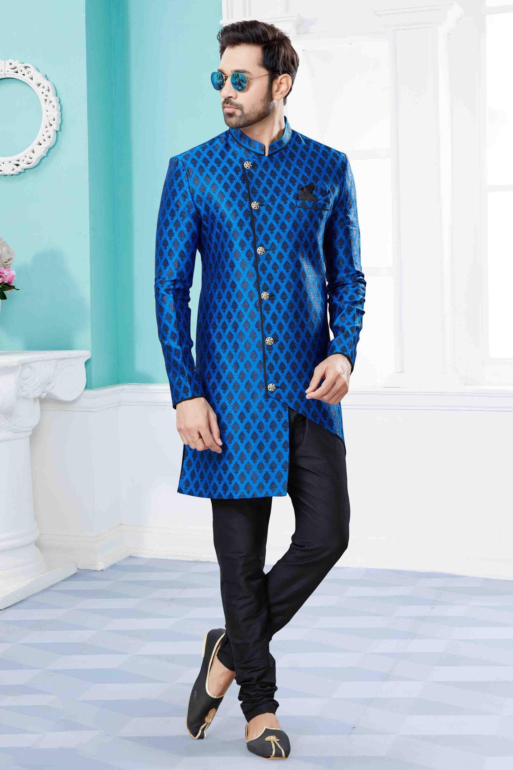 Blue and Black Colour Indo Western In Banarasi Jacquard Fabric SH1040437
