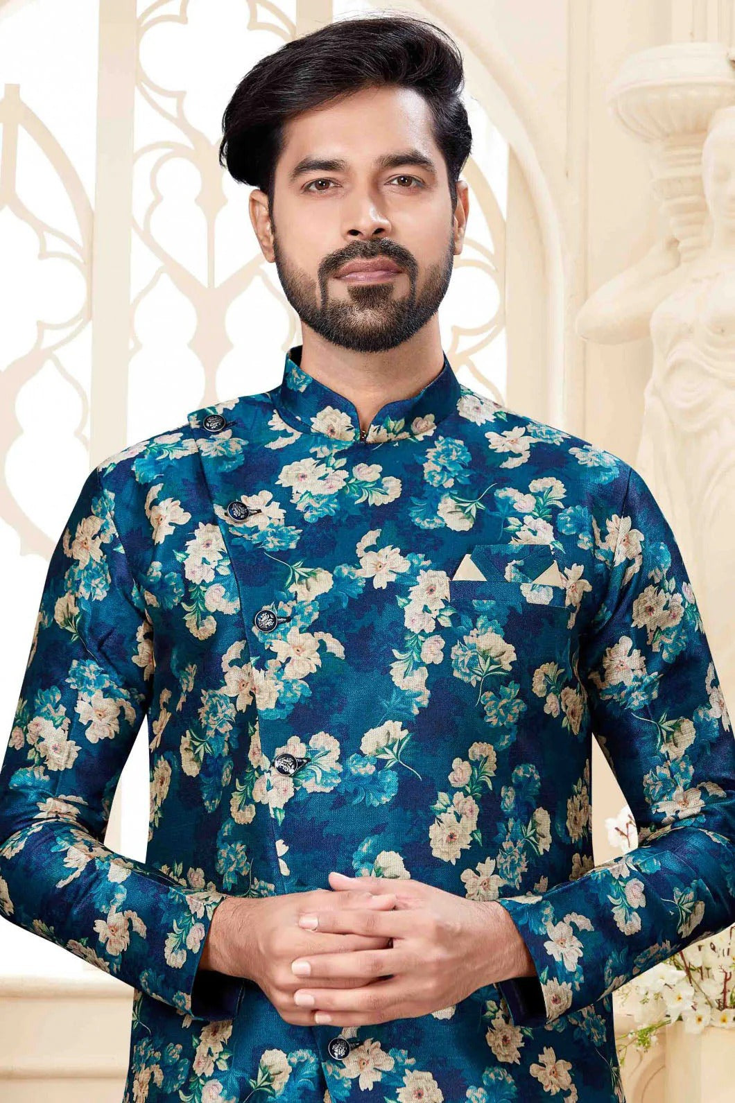 Blue and Cream Colour Jacquard Dhoti Sherwani SH1040247 A