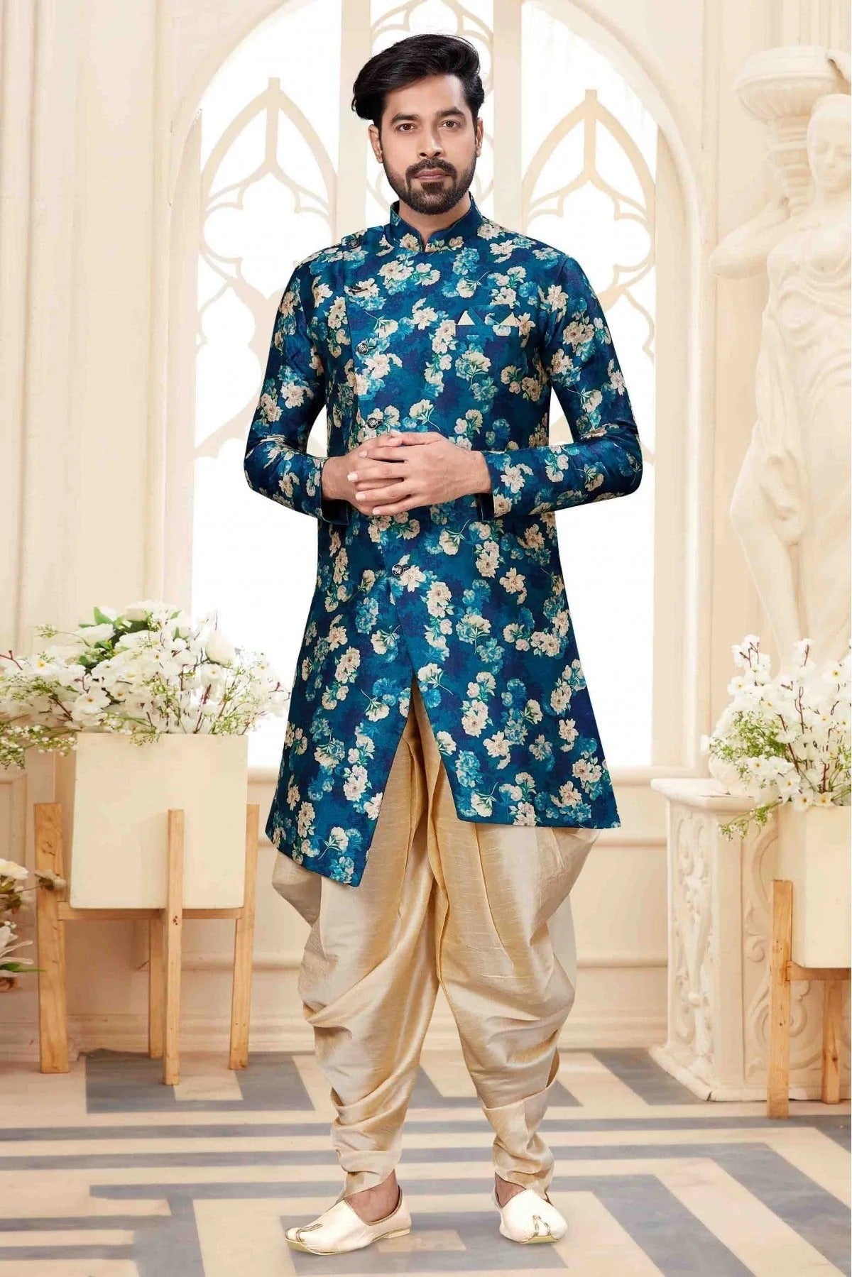 Blue and Cream Colour Jacquard Dhoti Sherwani SH1040247