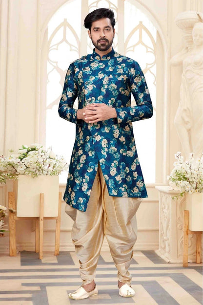 Blue and Cream Colour Jacquard Dhoti Sherwani SH1040247