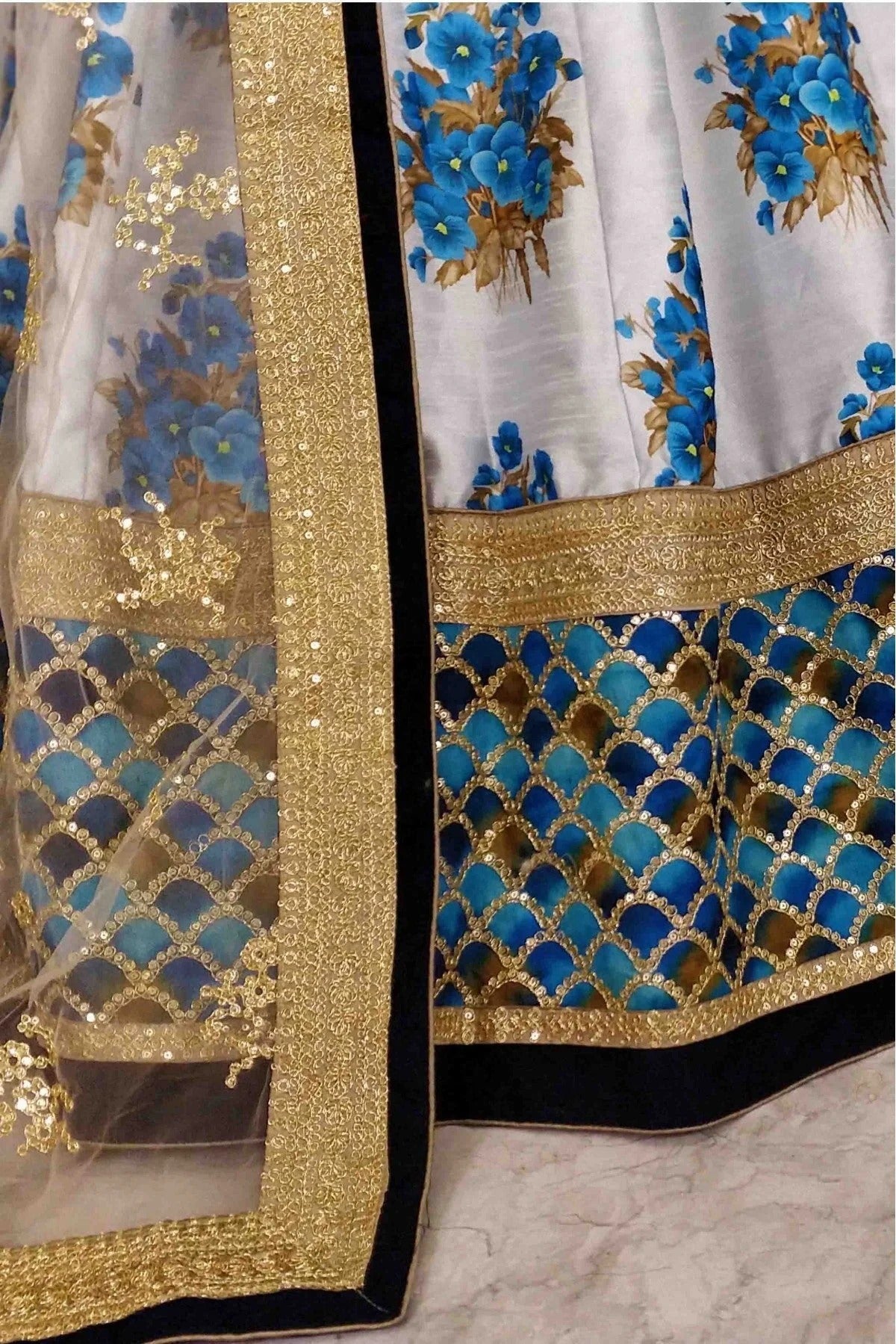 Blue and Off White Colour Art Silk and Banglori Silk Lehenga Choli LC1010004 B