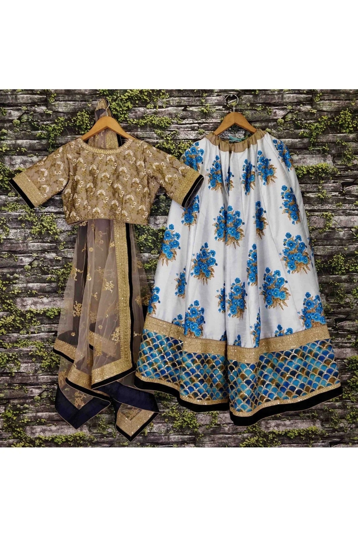 Blue and Off White Colour Art Silk and Banglori Silk Lehenga Choli LC1010004 D