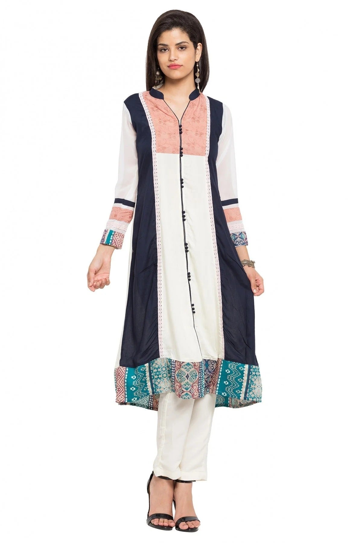 Blue and White Colour Plus Size Cotton Kurti KR1070406