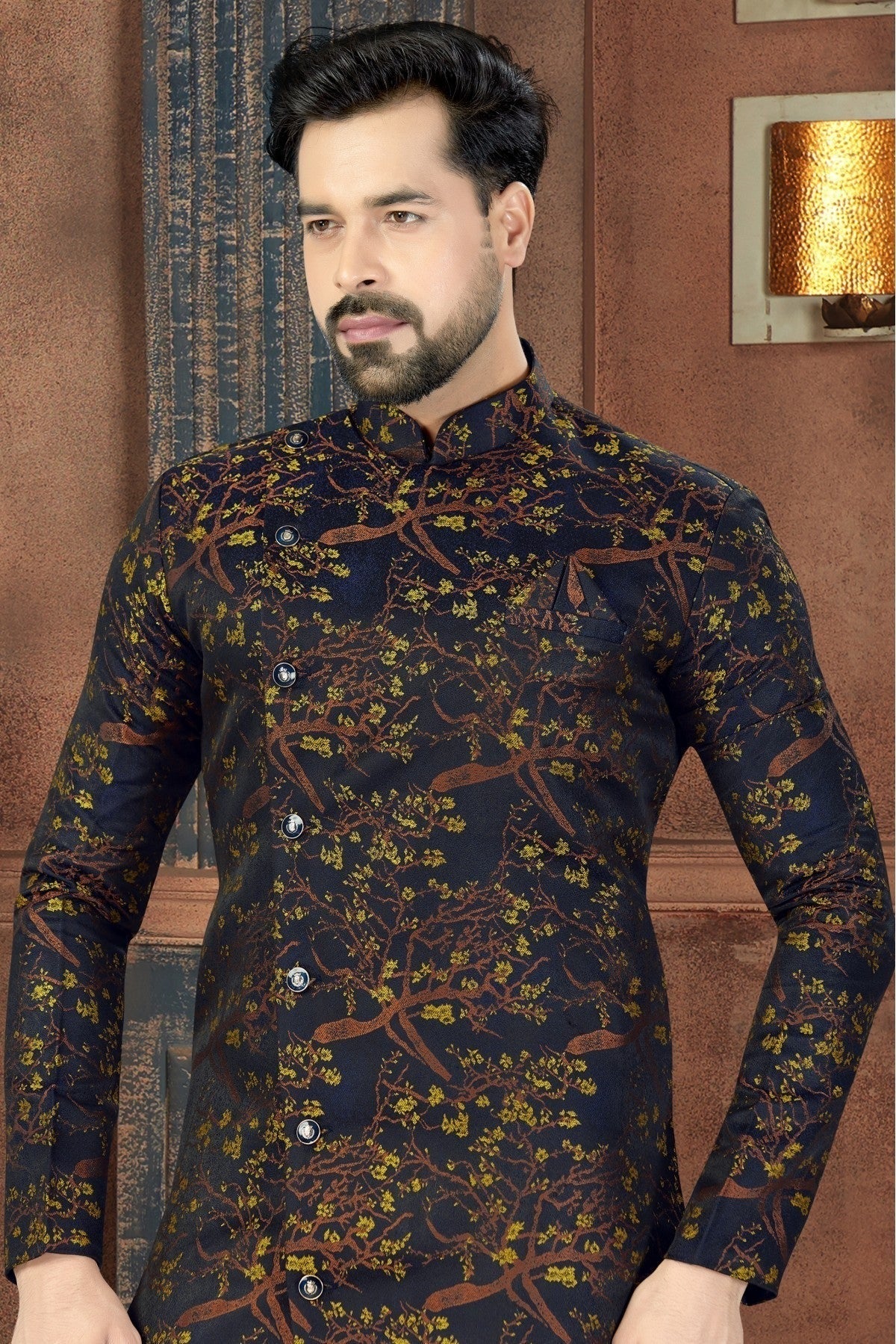 Blue and Yellow Colour Jacquard Party Wear Sherwani SH1040237 A