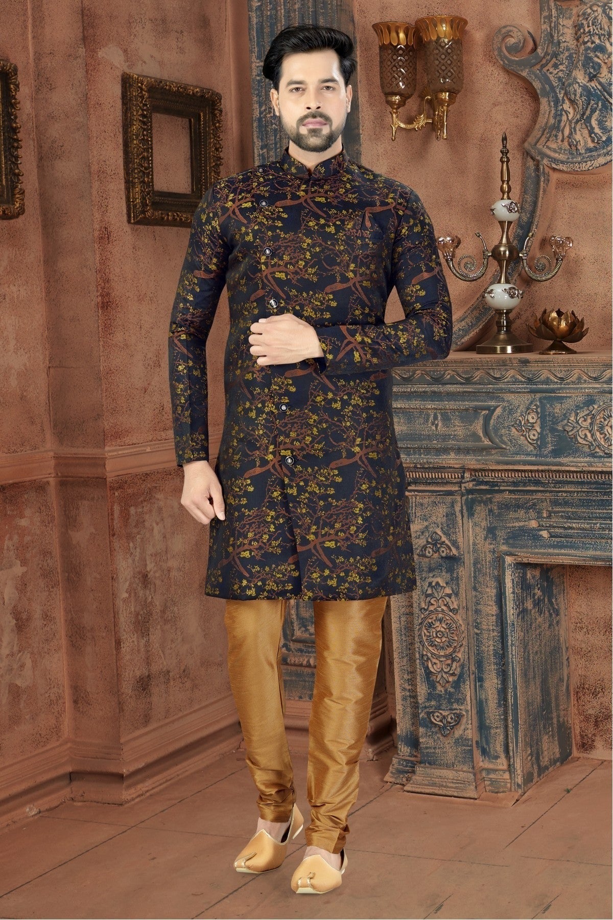 Blue and Yellow Colour Jacquard Party Wear Sherwani SH1040237