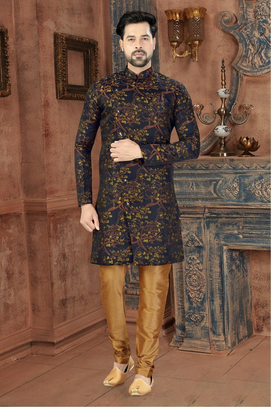 Blue and Yellow Colour Jacquard Party Wear Sherwani SH1040237
