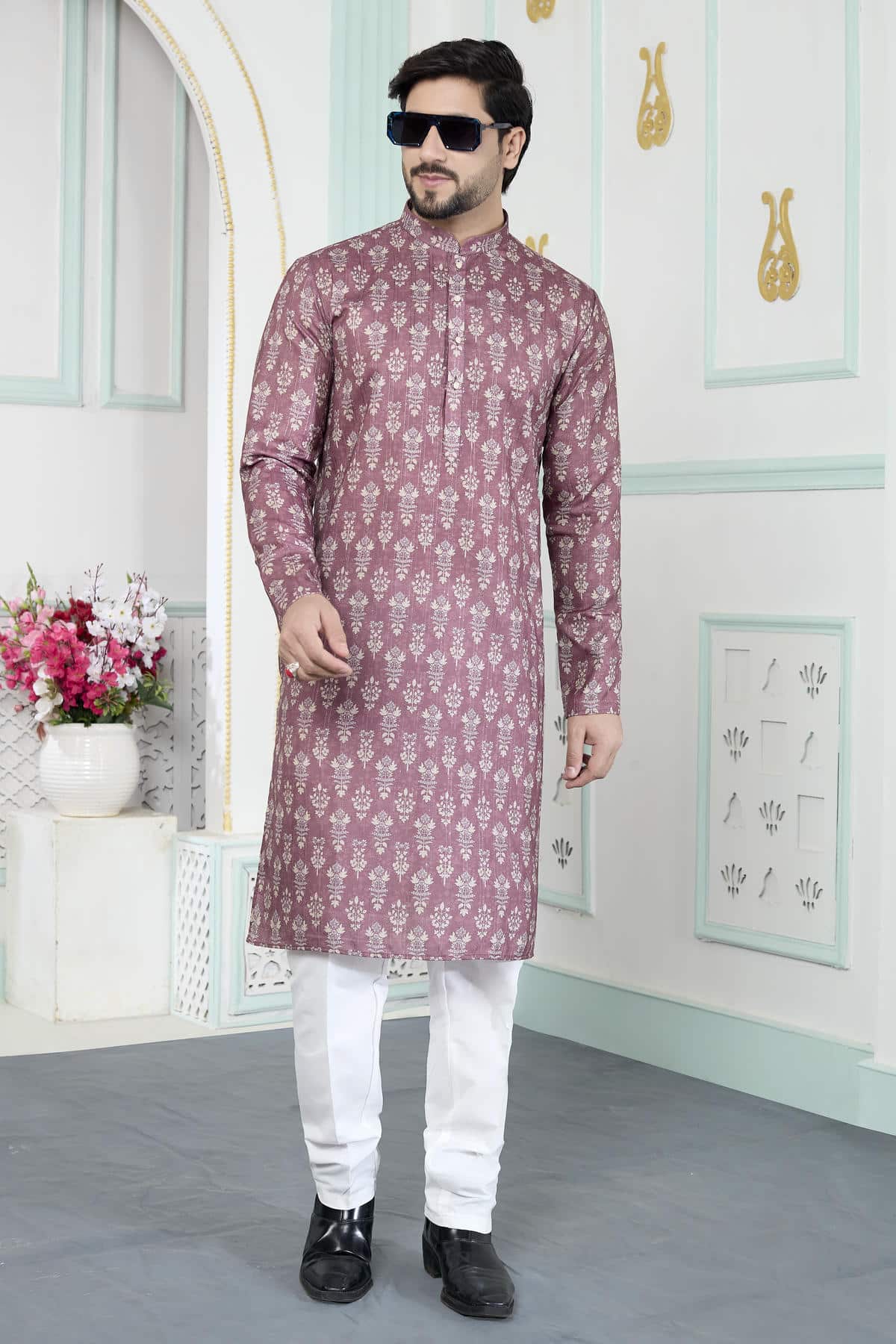 Brown Colour Art Silk Digital Print Work Kurta Pajama