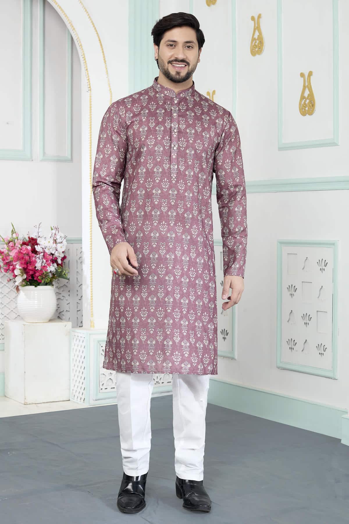 Brown Colour Art Silk Digital Print Work Kurta Pajama