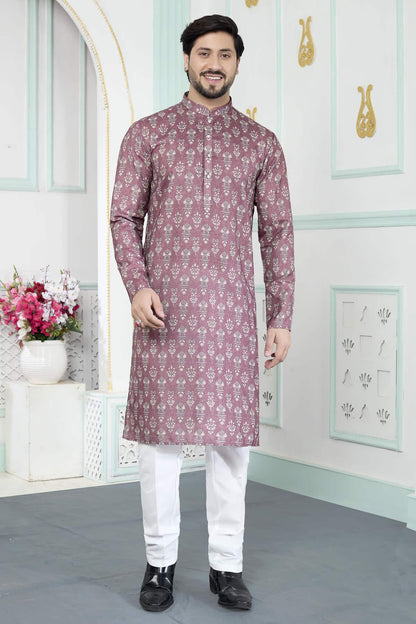 Brown Colour Art Silk Digital Print Work Kurta Pajama