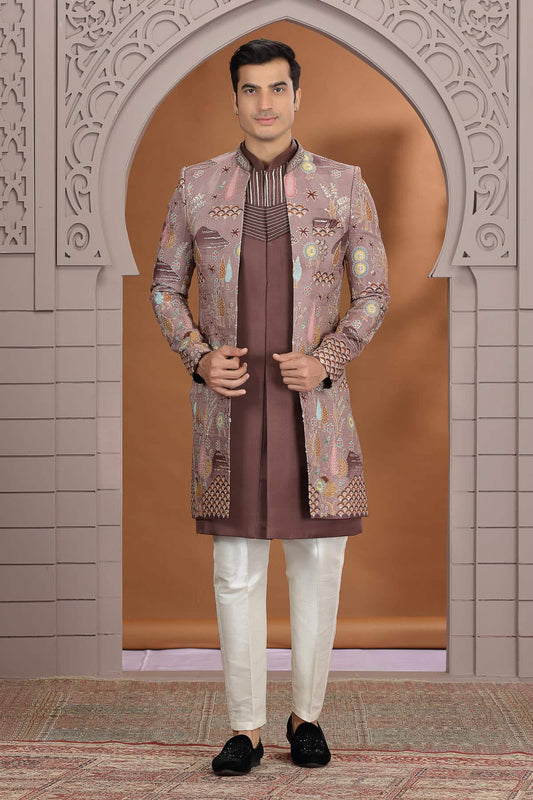 Brown Colour Art Silk Embroidery 3 Pcs Indo Western