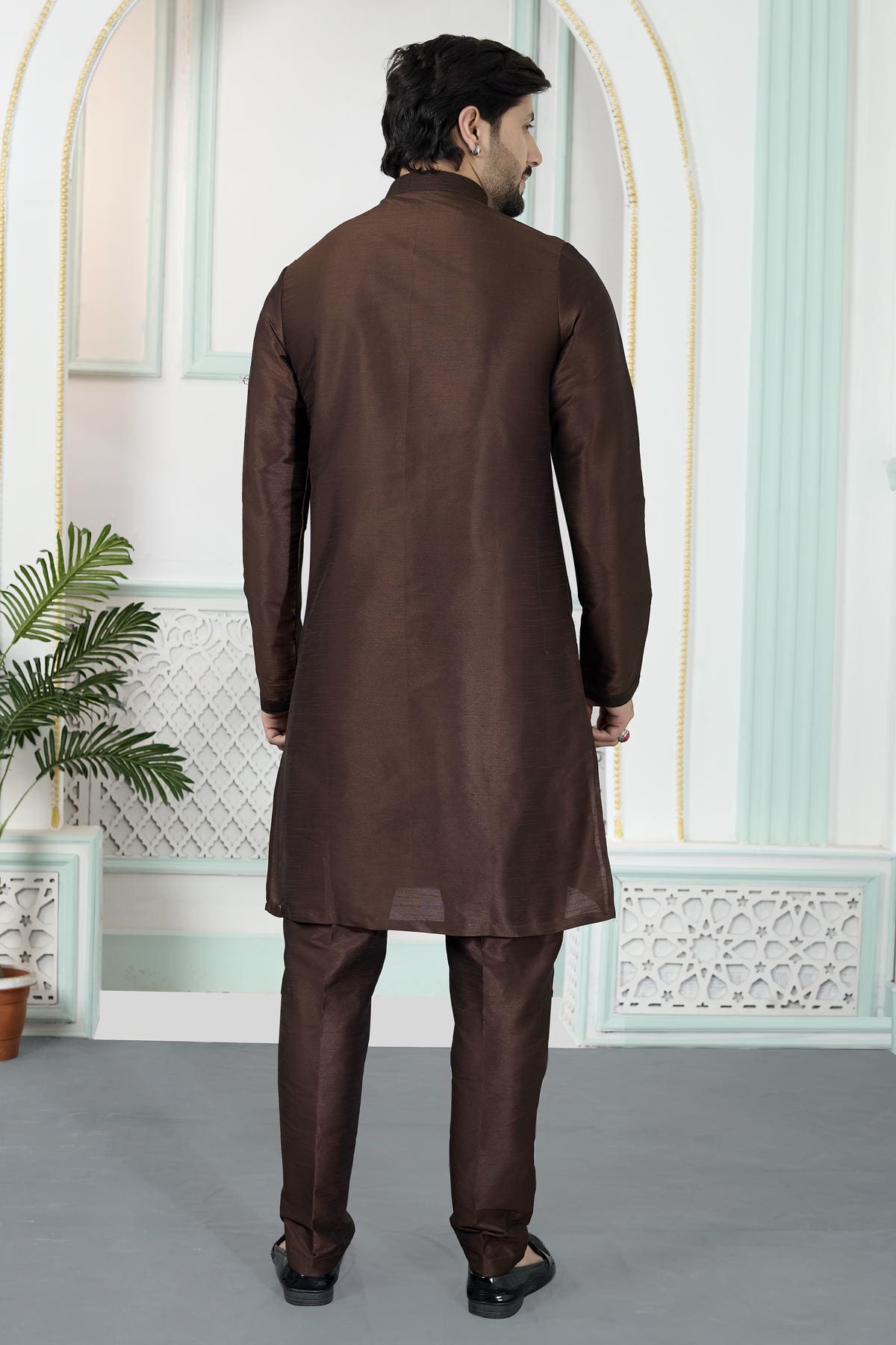 Brown Colour Art Silk Pintux Work Kurta Pajama