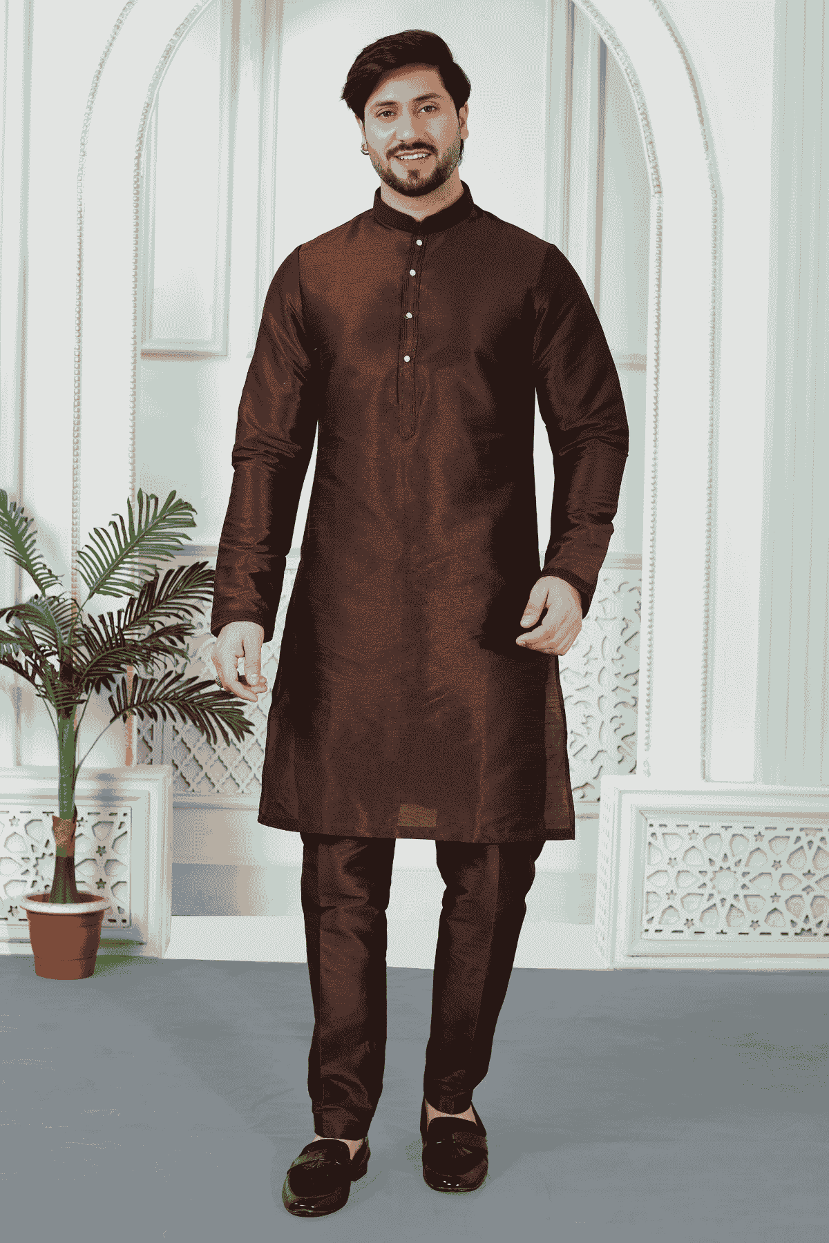 Brown Colour Art Silk Pintux Work Kurta Pajama