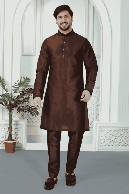 Brown Colour Art Silk Pintux Work Kurta Pajama