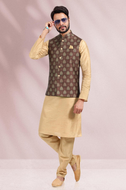 Brown Colour Banarasi Silk Woven Work Kurta Pajama With Jacket