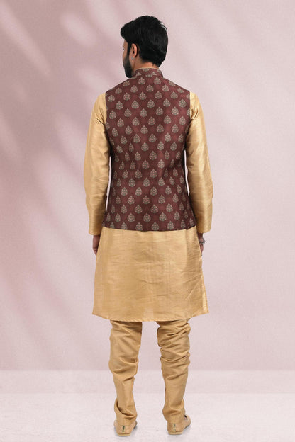 Brown Colour Banarasi Silk Woven Work Kurta Pajama With Jacket