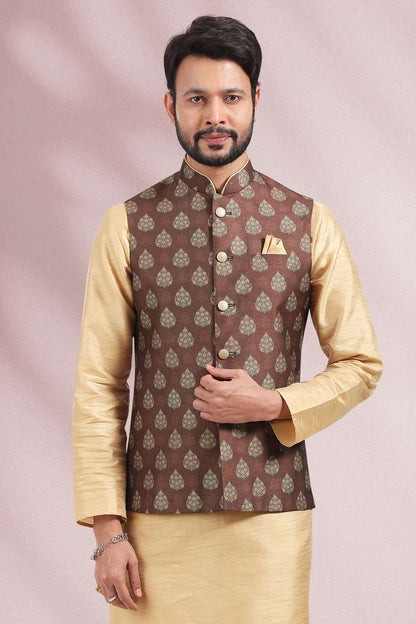 Brown Colour Banarasi Silk Woven Work Kurta Pajama With Jacket