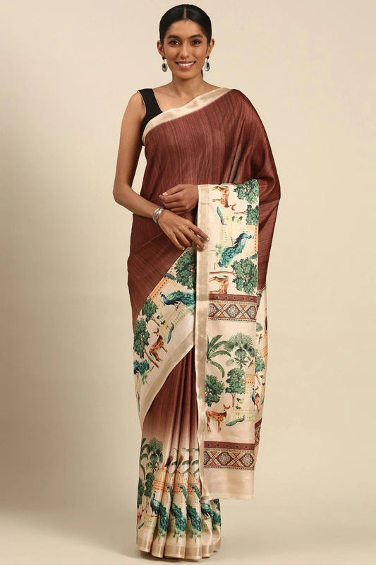 Brown Colour Cotton Digital Printed Printed Saree SD1102868