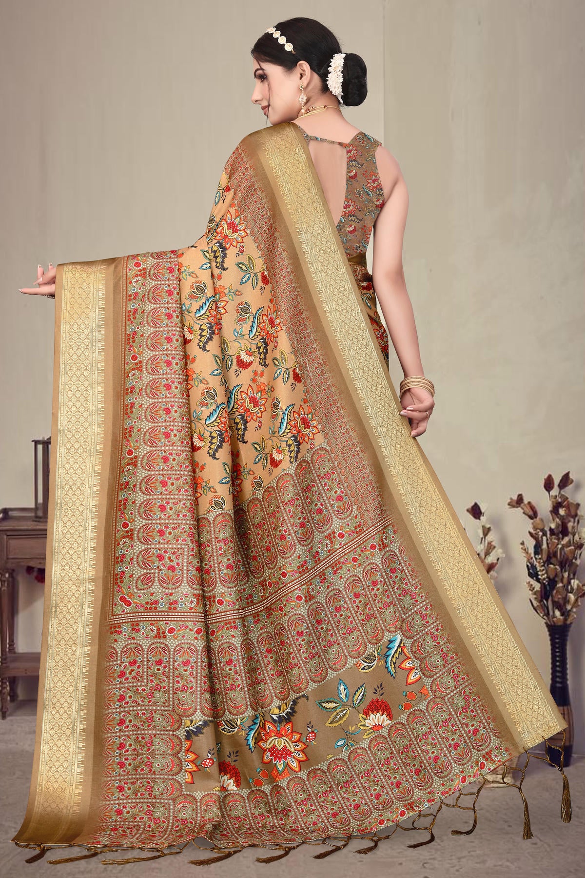 Brown Colour Cotton Silk Printed Saree
