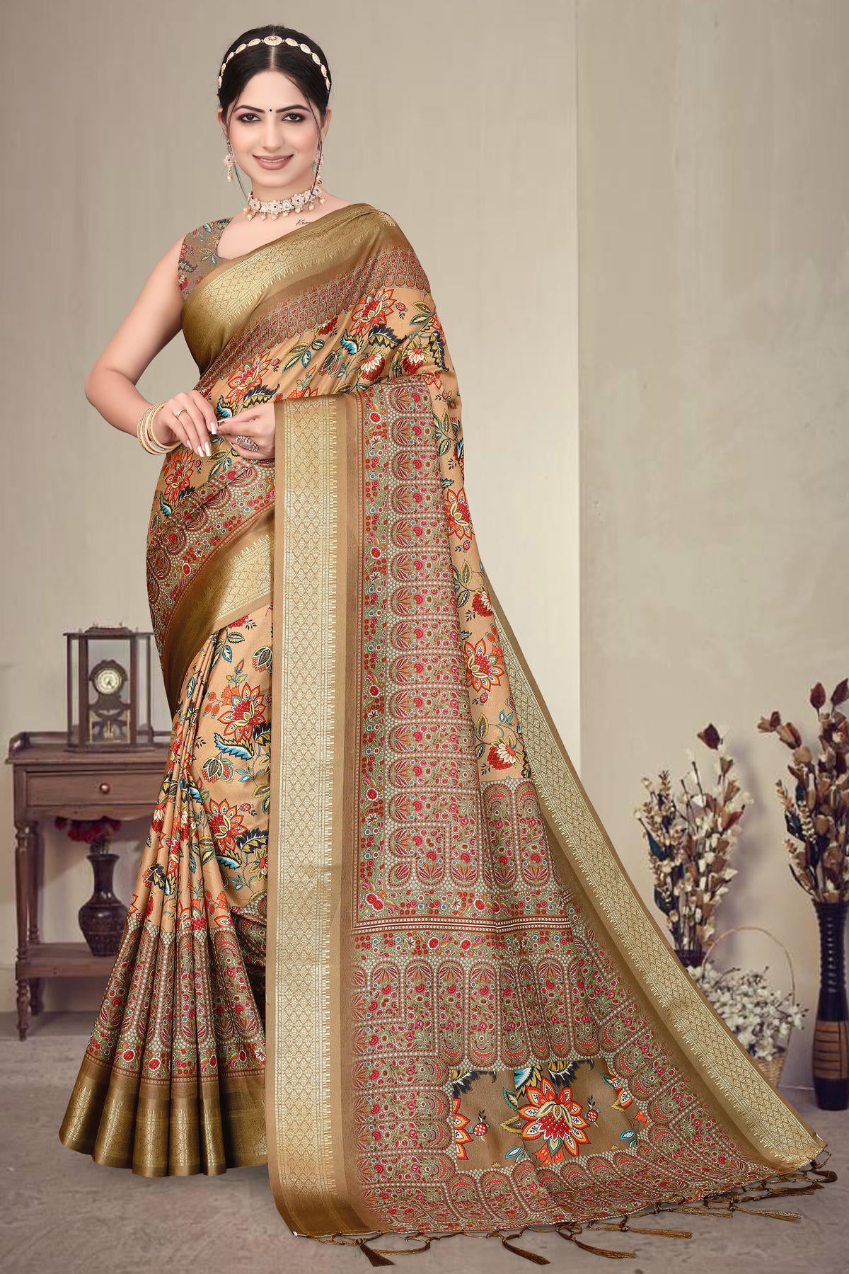 Brown Colour Cotton Silk Printed Saree