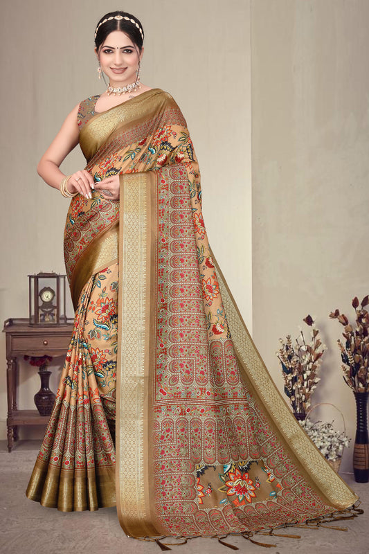 Brown Colour Cotton Silk Printed Saree