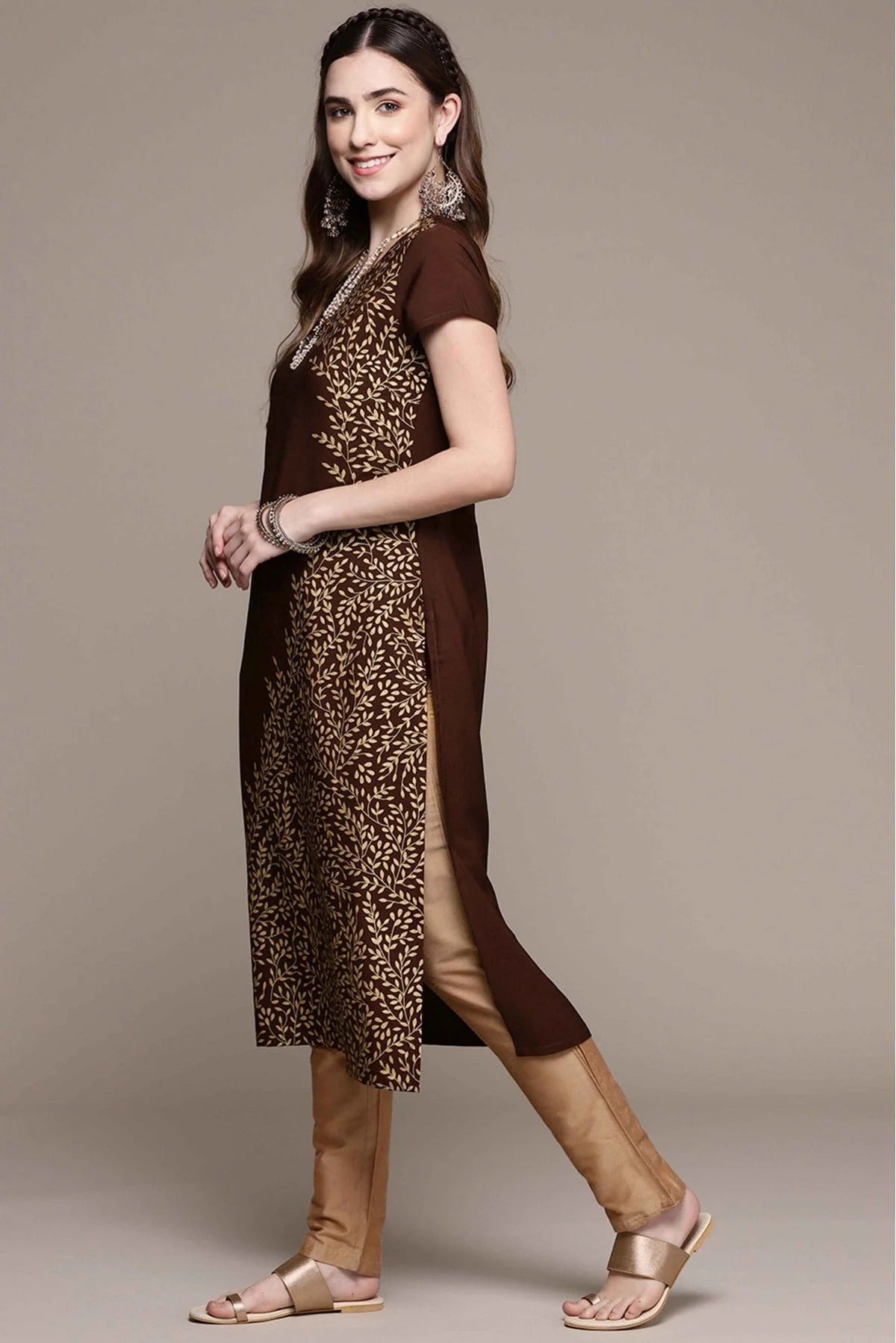 Brown Colour Crepe Foil Print Kurti KR1060233 B