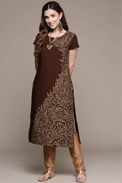 Brown Colour Crepe Foil Print Kurti KR1060233