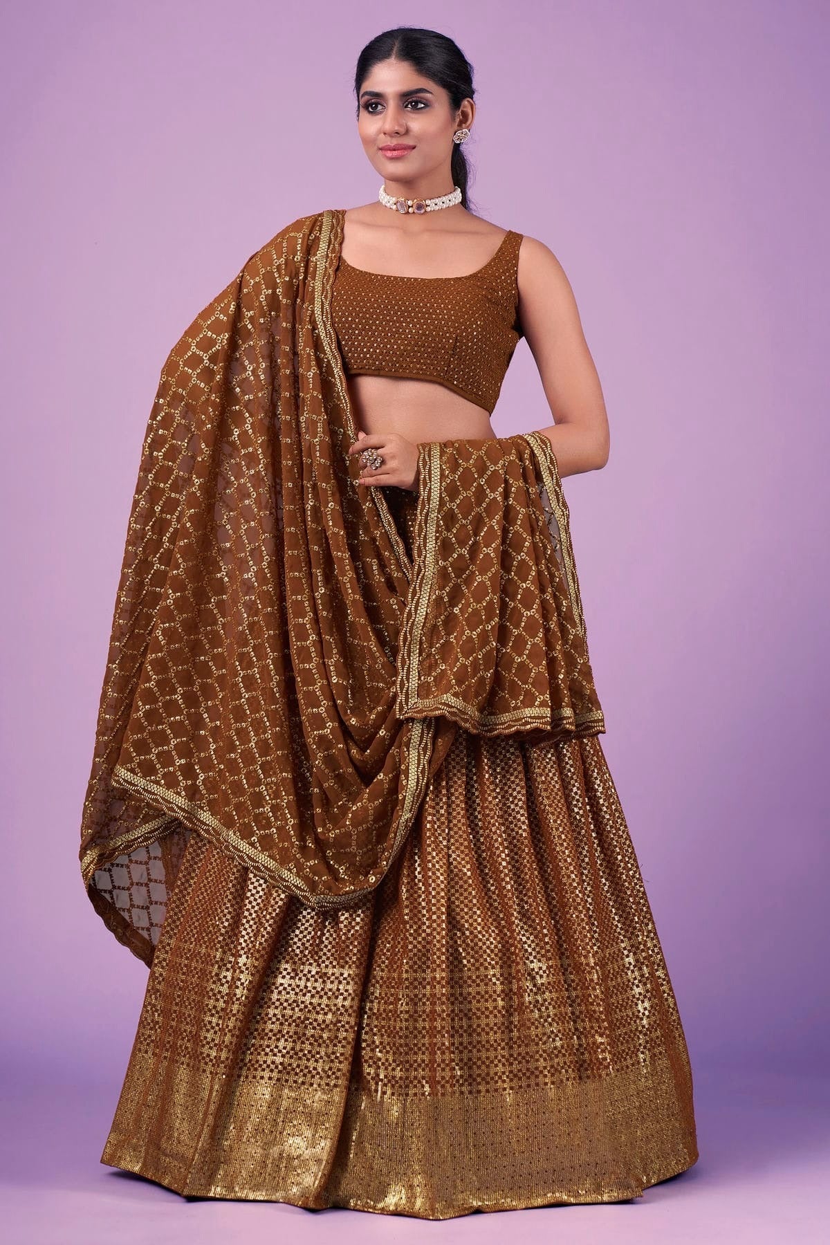 Brown Colour Embroidery Georgette Lehenga Choli LD1080670