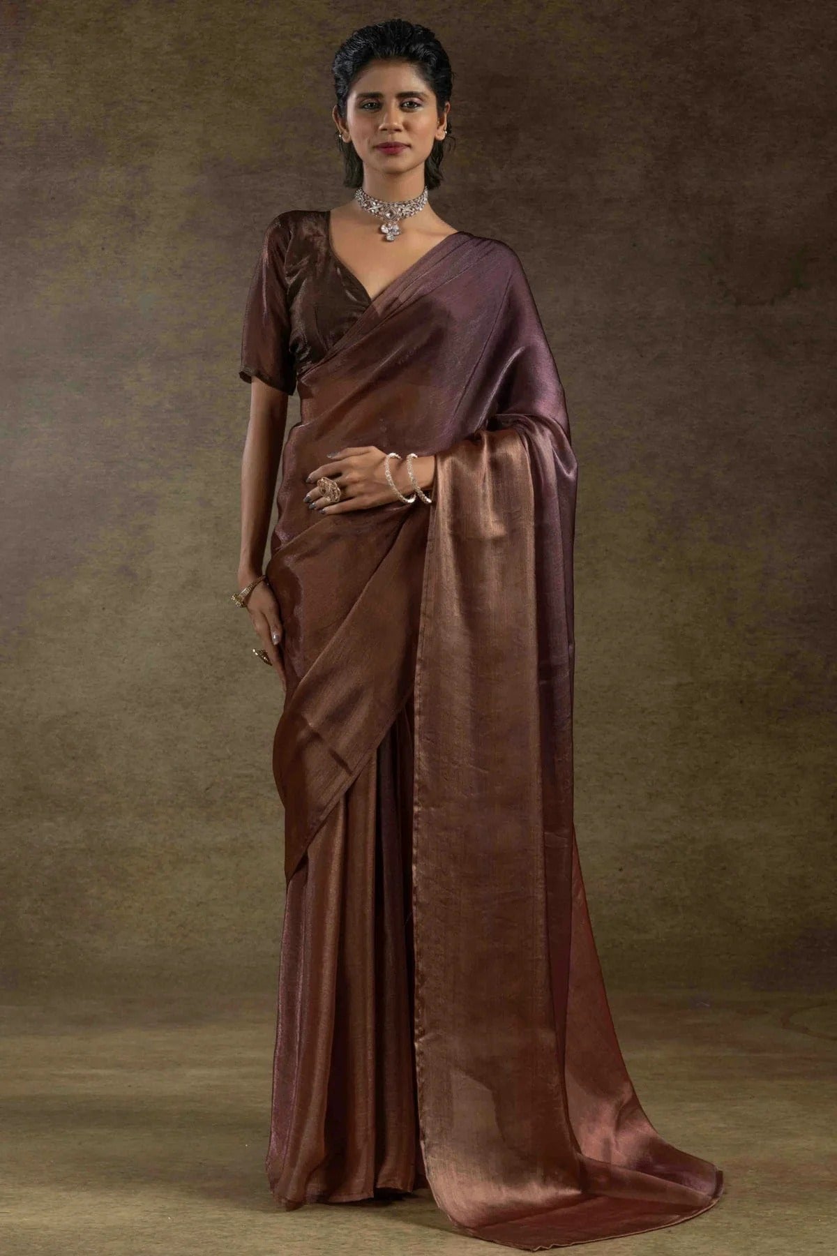 Brown Colour Fendi Satin Silk Ready To Wear Saree SD1122021