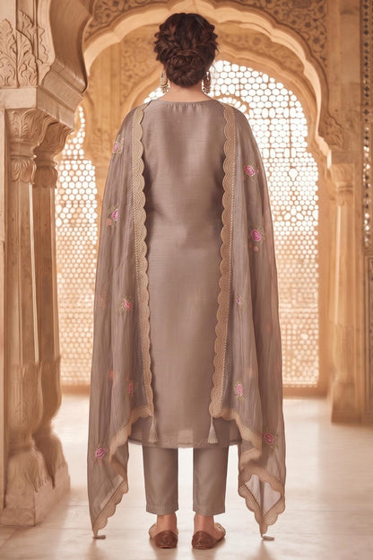 Brown Colour Gold Silk Embroidery Work Pant Style Suit