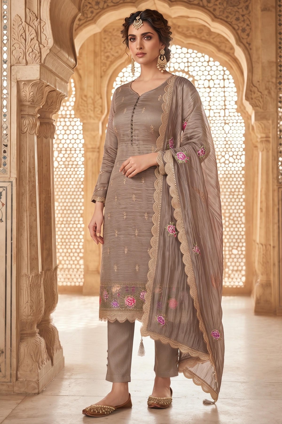 Brown Colour Gold Silk Embroidery Work Pant Style Suit