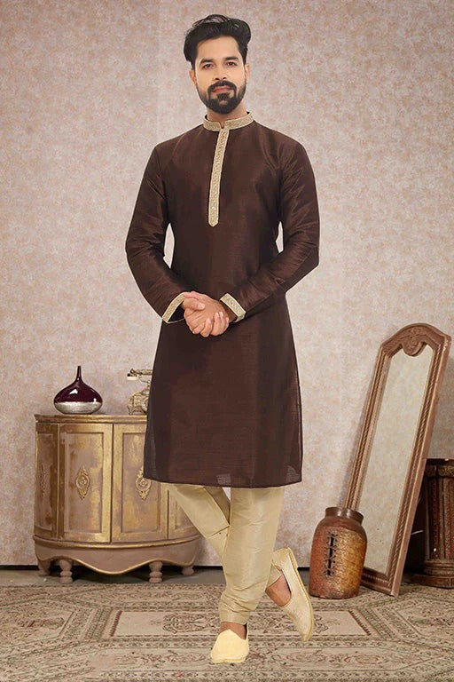 Brown Colour Kurta Pajama In Dupion Silk KP1210137