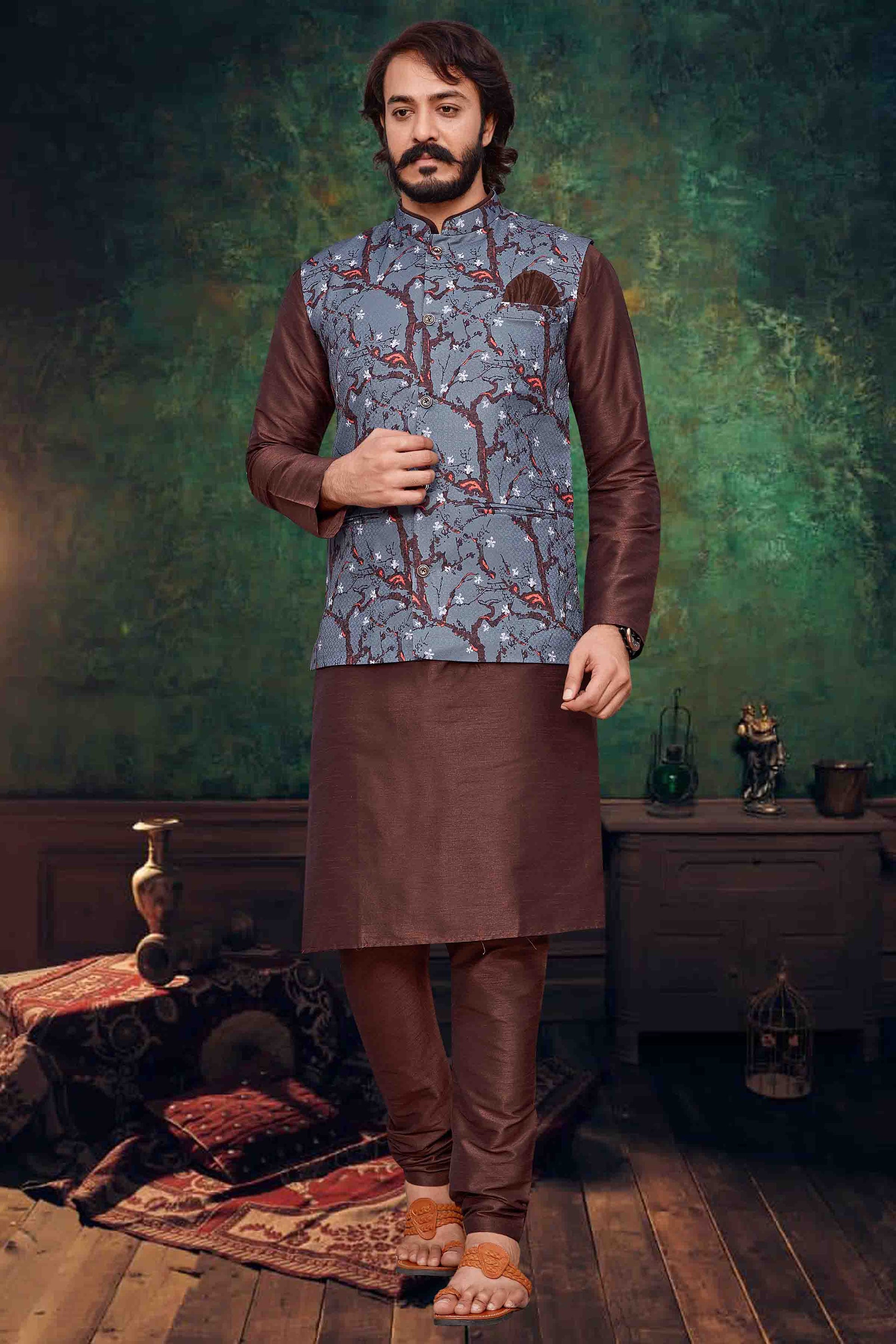 Brown Colour Kurta Pajama With Jacket In Art Silk KP1210316