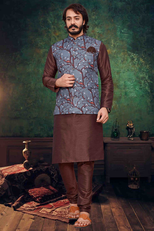 Brown Colour Kurta Pajama With Jacket In Art Silk KP1210316
