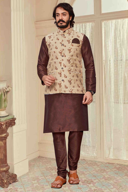 Brown Colour Kurta Pajama With Jacket In Art Silk KP1210341