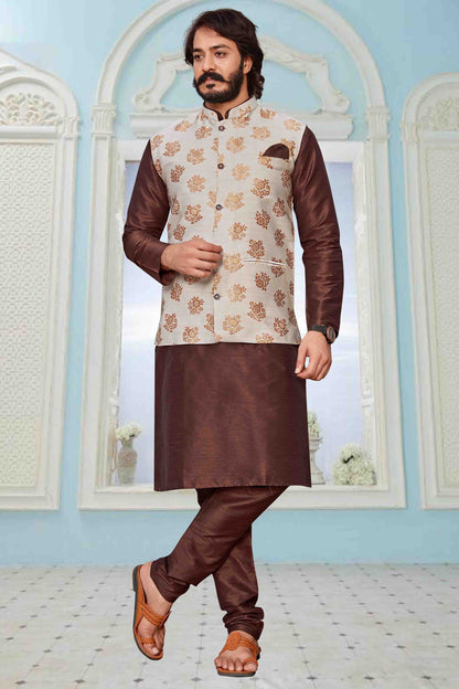 Brown Colour Kurta Pajama With Jacket In Art Silk KP1210342