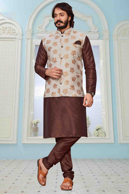 Brown Colour Kurta Pajama With Jacket In Art Silk KP1210342